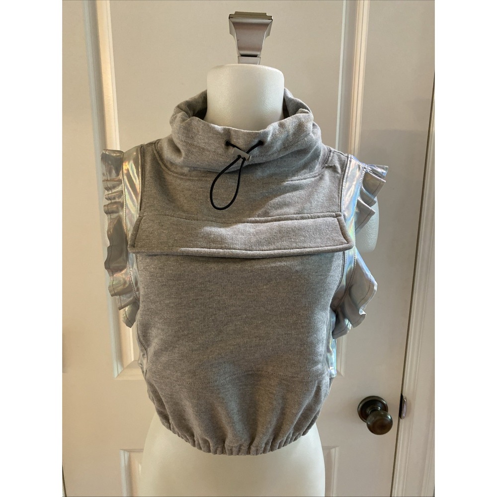Free People Movement Sleeveless Pullover Hoodie Gray Silver Mock Neck Ruffle - S